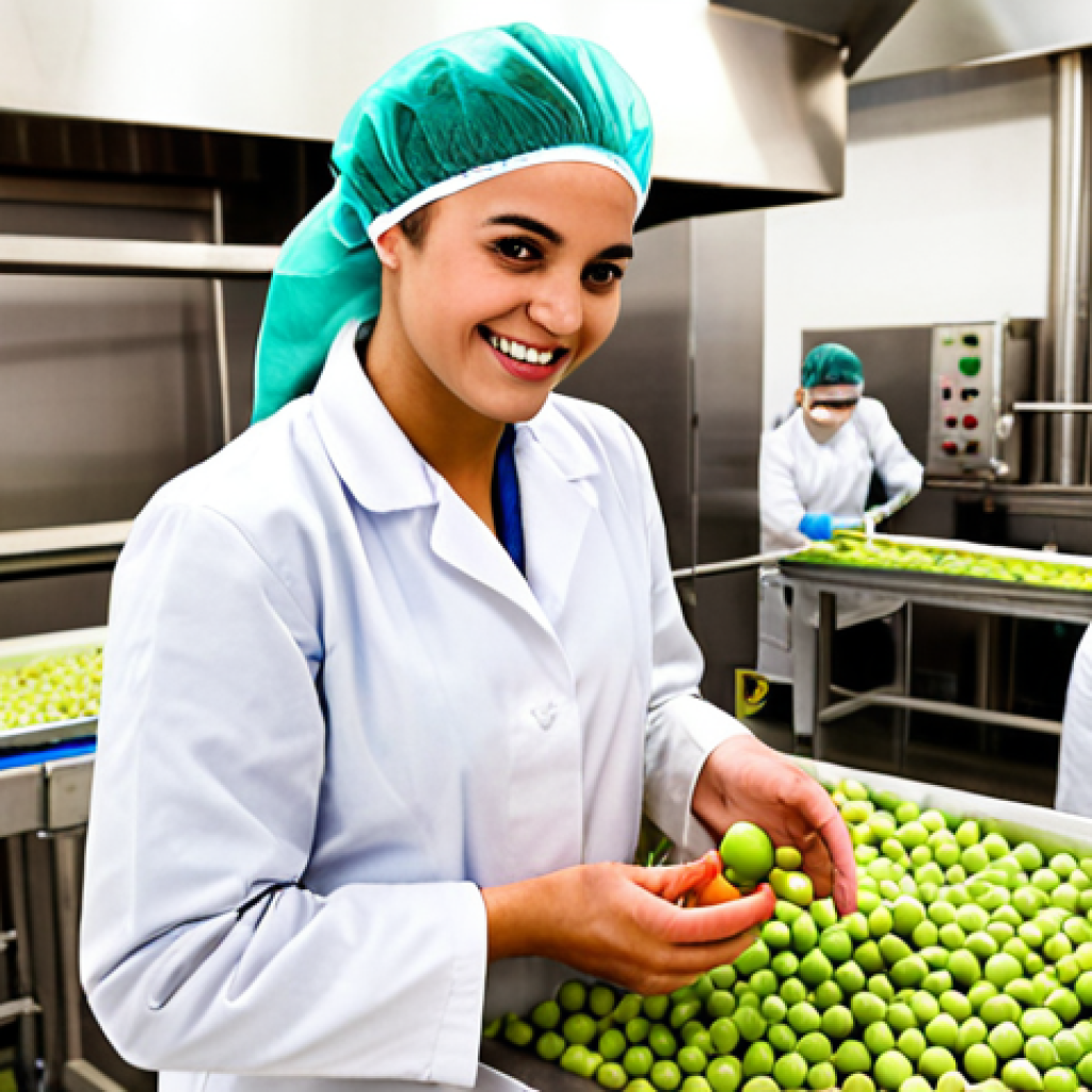 **

"A bright, modern Brazilian food processing plant. A friendly *Técnico em Segurança Alimentar* (Food Safety Technician), wearing a clean lab coat and hairnet, is smiling as they inspect fresh produce on a conveyor belt. In the background, other workers are following hygiene protocols. Emphasize the cleanliness and orderliness of the facility, with visible HACCP (APPCC in Portuguese) signage. Focus on conveying trustworthiness and safety."

**