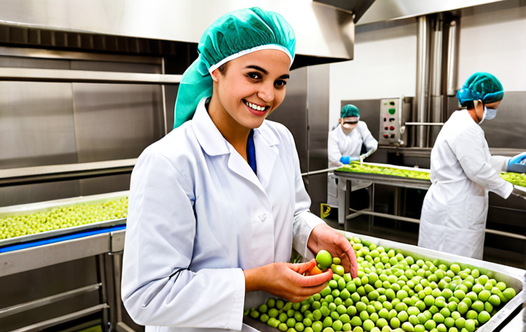 **
"A bright, modern Brazilian food processing plant. A friendly *Técnico em Segurança Alimentar* (Food Safety Technician), wearing a clean lab coat and hairnet, is smiling as they inspect fresh produce on a conveyor belt. In the background, other workers are following hygiene protocols. Emphasize the cleanliness and orderliness of the facility, with visible HACCP (APPCC in Portuguese) signage. Focus on conveying trustworthiness and safety."
**