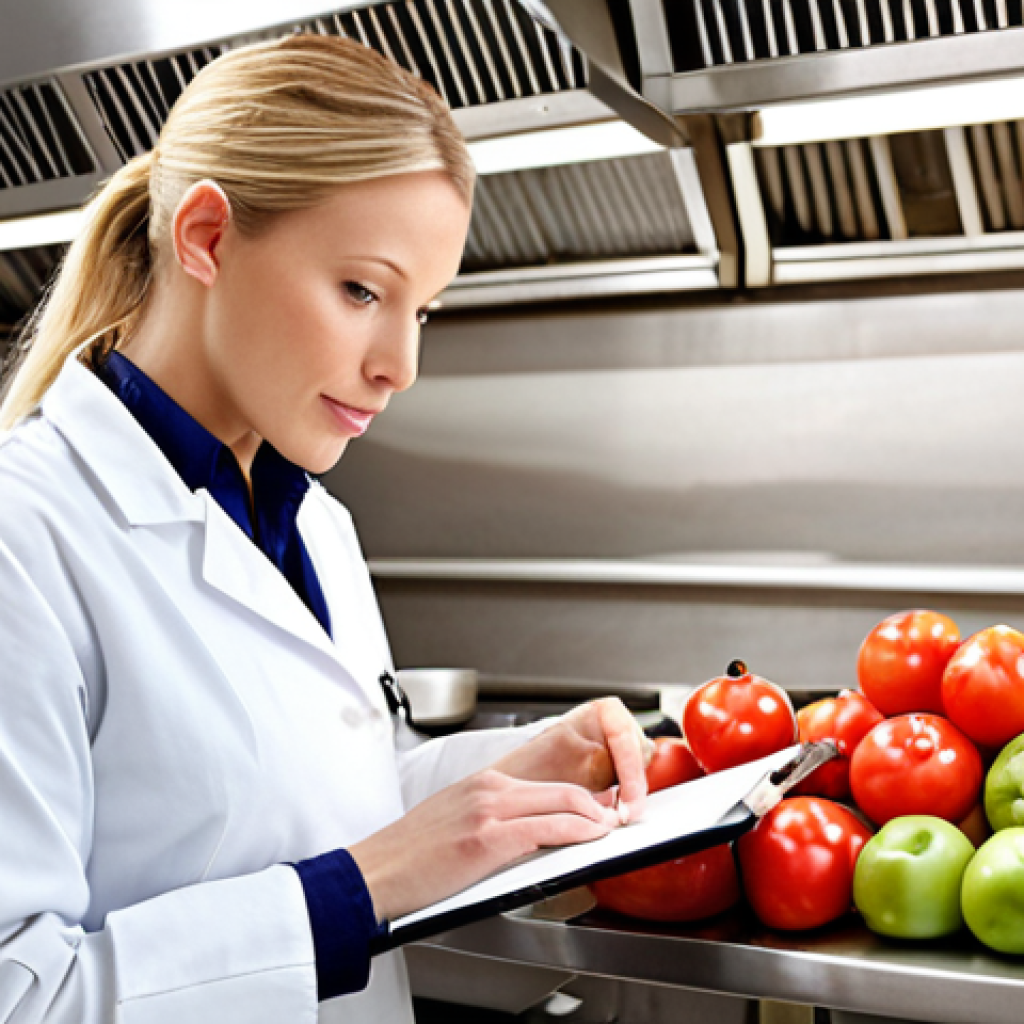 **Food Safety Inspector:** A friendly food safety inspector in a clean, modern restaurant kitchen, examining fresh produce with a clipboard in hand. Focus on hygiene and professionalism. "Food safety inspector, restaurant kitchen, fresh produce, clipboard, hygiene, professional, bright lighting."