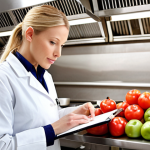 **Food Safety Inspector:** A friendly food safety inspector in a clean, modern restaurant kitchen, examining fresh produce with a clipboard in hand. Focus on hygiene and professionalism. "Food safety inspector, restaurant kitchen, fresh produce, clipboard, hygiene, professional, bright lighting."