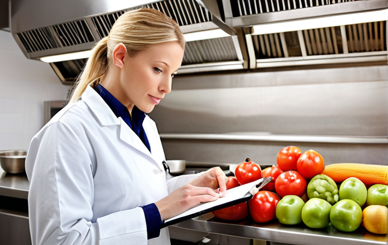 **Food Safety Inspector:** A friendly food safety inspector in a clean, modern restaurant kitchen, examining fresh produce with a clipboard in hand. Focus on hygiene and professionalism. "Food safety inspector, restaurant kitchen, fresh produce, clipboard, hygiene, professional, bright lighting."