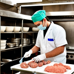 **

Busy restaurant kitchen in Porto, Portugal. A food safety specialist (hygienist) is inspecting food storage temperatures, ensuring proper hygiene practices. Focus on cleanliness and organization. HACCP principles.

**