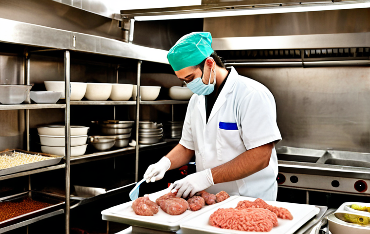 **
Busy restaurant kitchen in Porto, Portugal. A food safety specialist (hygienist) is inspecting food storage temperatures, ensuring proper hygiene practices. Focus on cleanliness and organization. HACCP principles.
**