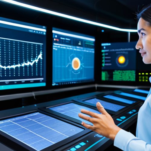 A professional food safety expert, fully clothed in a modest business casual attire, standing confidently in a futuristic food production control room. The background features large digital displays showing intricate data visualizations, real-time analytics, and blockchain traceability maps. The expert is observing a holographic projection of a production line, indicating AI-driven predictive risk assessment and optimized processes. The scene emphasizes technological integration for efficiency and proactive prevention. Perfect anatomy, correct proportions, natural pose, well-formed hands, proper finger count. Professional photography, high detail, vibrant colors, futuristic lighting. Safe for work, appropriate content, professional, family-friendly.