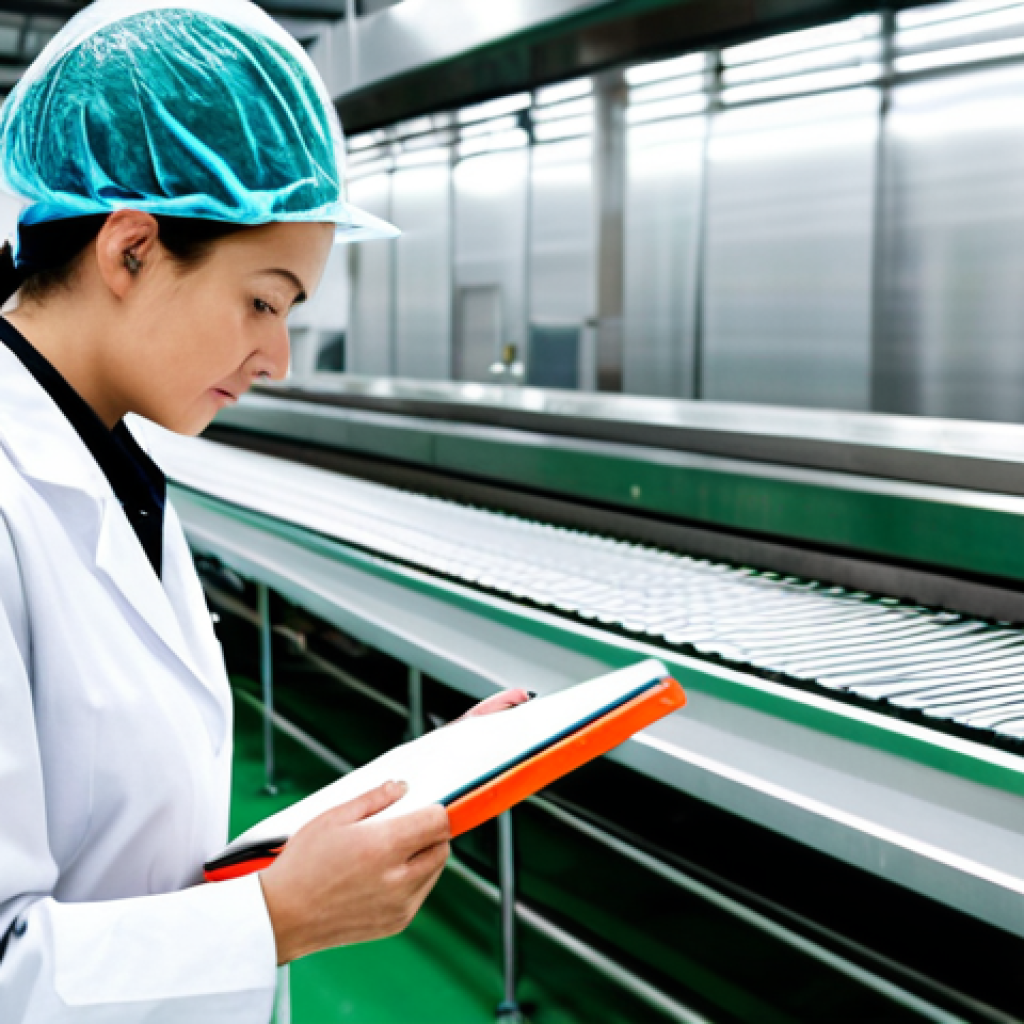 Food Safety Inspection**

"A food safety inspector, fully clothed in appropriate professional attire, inspecting a modern food processing plant. She is holding a clipboard and carefully examining a conveyor belt of packaged goods. The environment is brightly lit and sterile. Focus on the inspector's focused expression. Safe for work, appropriate content, professional, perfect anatomy, natural proportions, high quality photography."

**