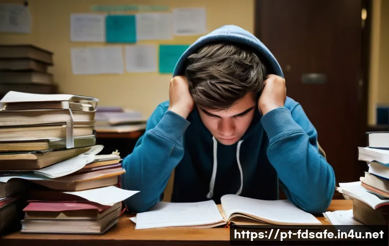 식품위생사 시험 준비 시 피해야 할 실수 - **Prompt:** "A young adult student, appearing utterly overwhelmed and stressed, sits hunched over a ...