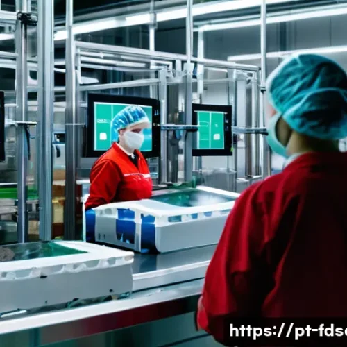 식품위생사 실무 사례 연구 - **Prompt:** A futuristic, bright, and clean food processing facility in Portugal, showcasing advance...