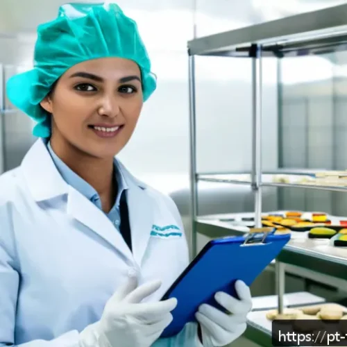식품위생사 경력자를 위한 연봉 협상 팁 - A professional food safety specialist wearing a clean white lab coat and protective gloves, standing...