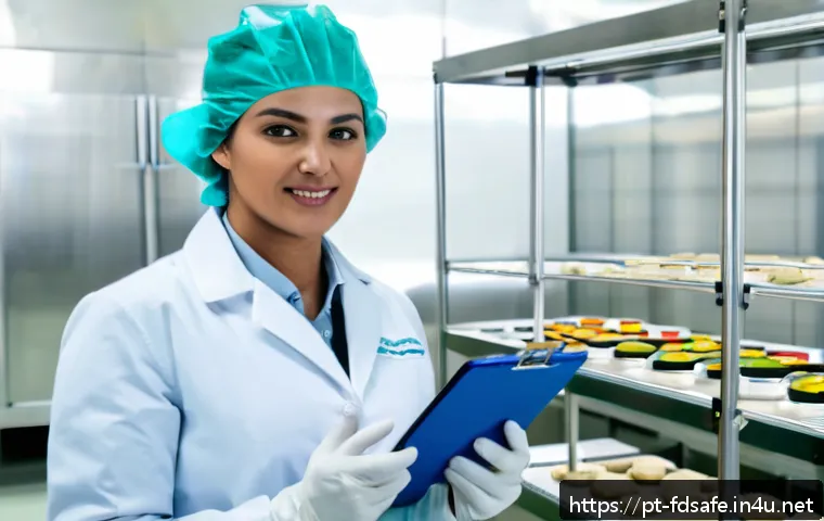 식품위생사 경력자를 위한 연봉 협상 팁 - A professional food safety specialist wearing a clean white lab coat and protective gloves, standing...