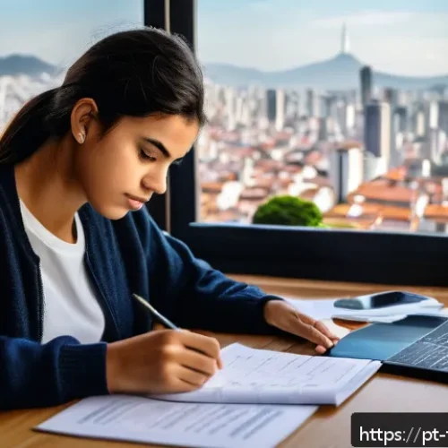 식품위생사 시험 합격률 분석 - A focused Brazilian student studying food safety certification materials at a desk in a cozy home of...