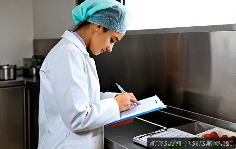 Home 17 식품위생사 경력기술서 작성법 - Photorealistic food safety professional in a clean Portuguese commercial kitchen office, wearing a w...